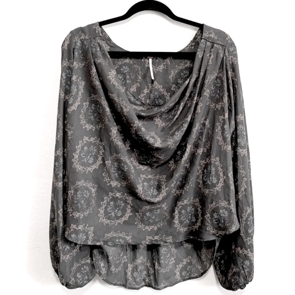 Free People Cowling Around Medallion Print Cowl Neck Puff Sleeves Blouse